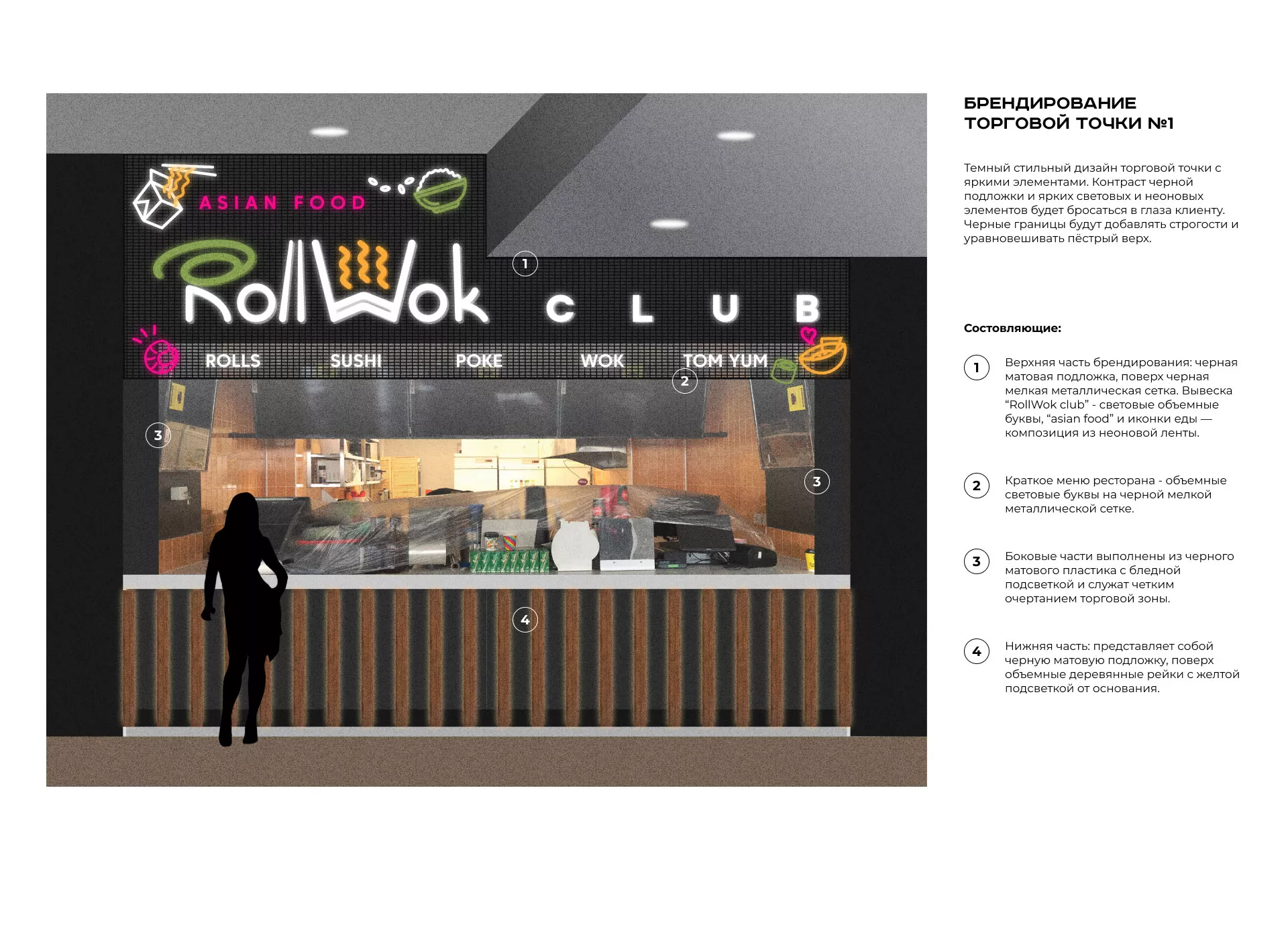 Брендирование торговых точек суши-бара «Roll Wok Club» в Железногорске-Илимском