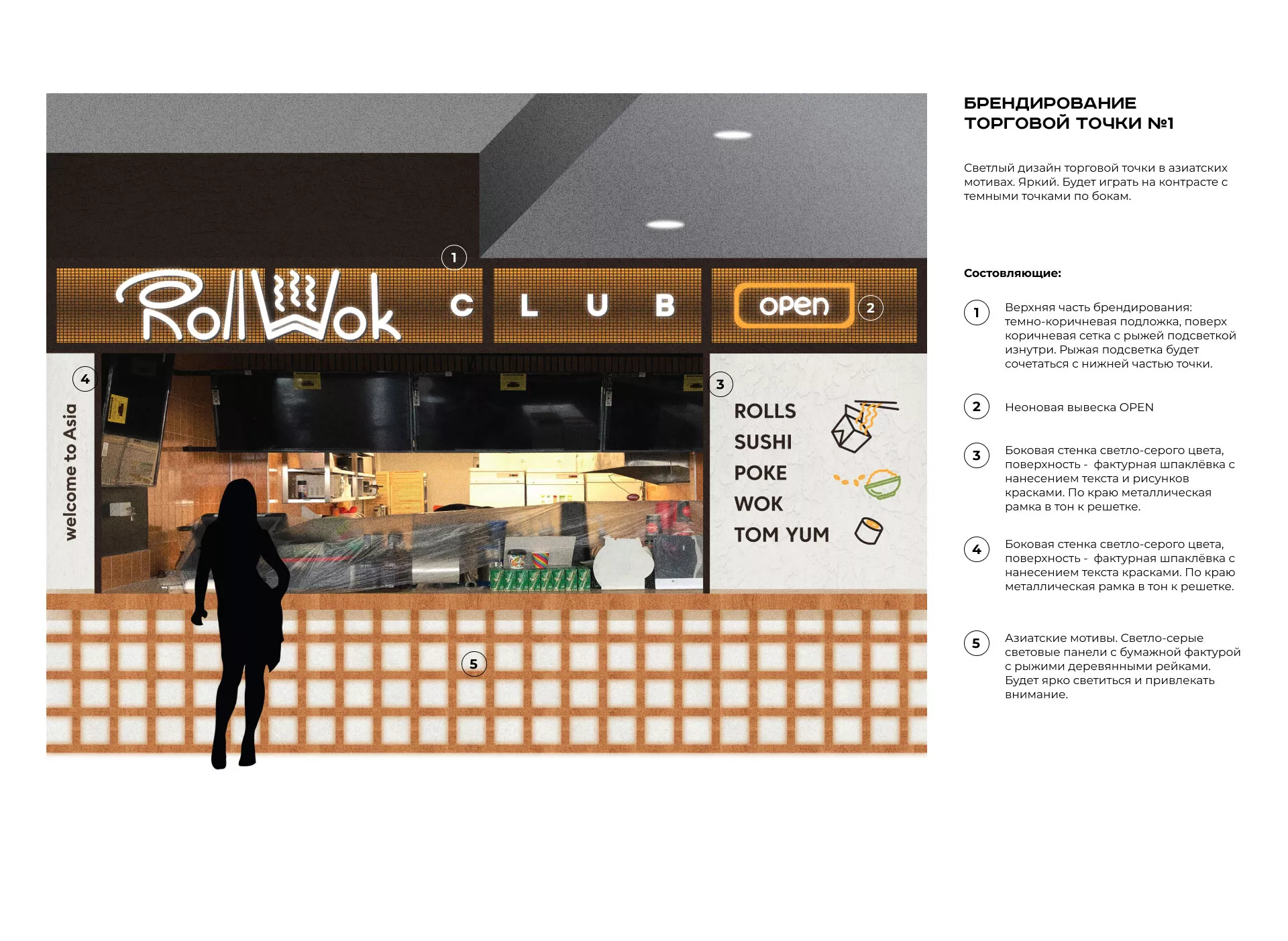 Брендирование торговых точек суши-бара «Roll Wok Club» в Железногорске-Илимском