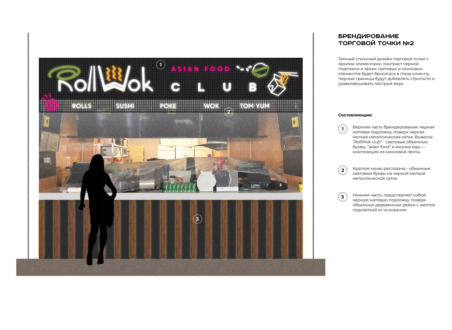 Брендирование торговых точек суши-бара «Roll Wok Club» в Железногорске-Илимском
